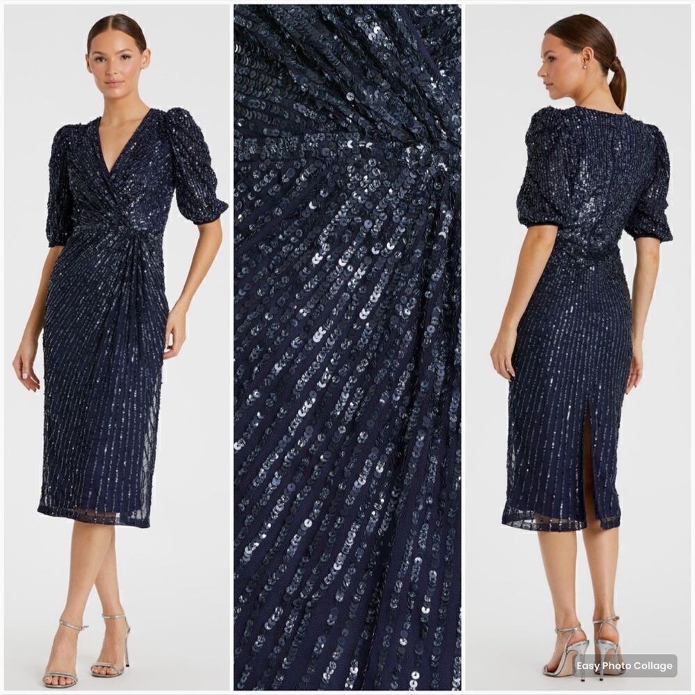 Mac Duggal 5578 Womens Sequined V Neck Short Puff Sleeve Midi Dress